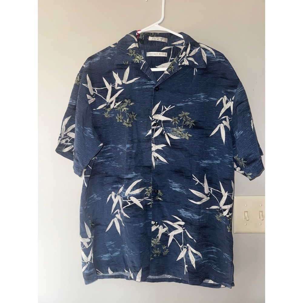Geoffrey Beene Mens Blue 100% Silk Bamboo Tropical Camp Shirt Medium SS